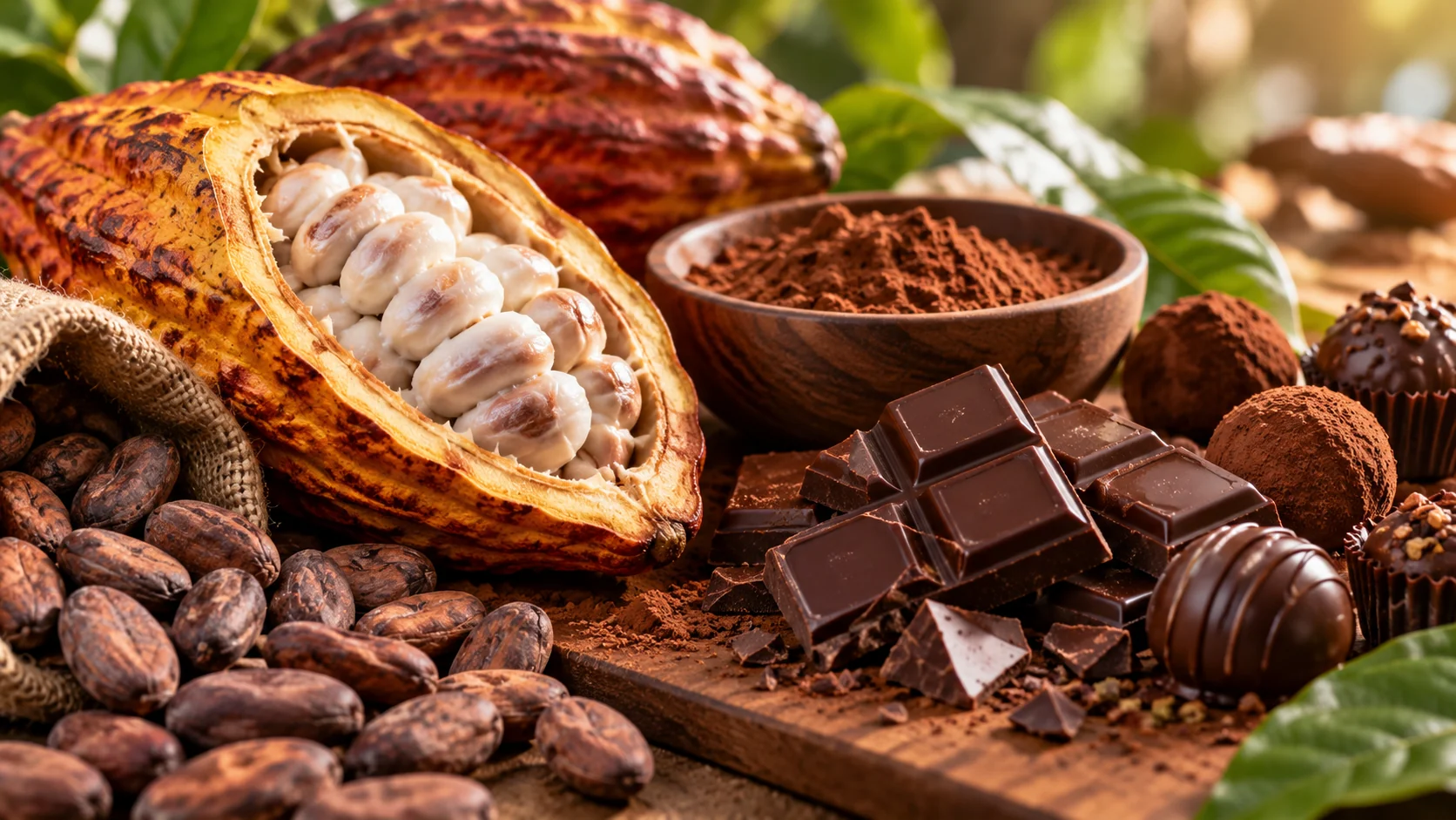 Cocoa pods, cocoa beans and chocolate