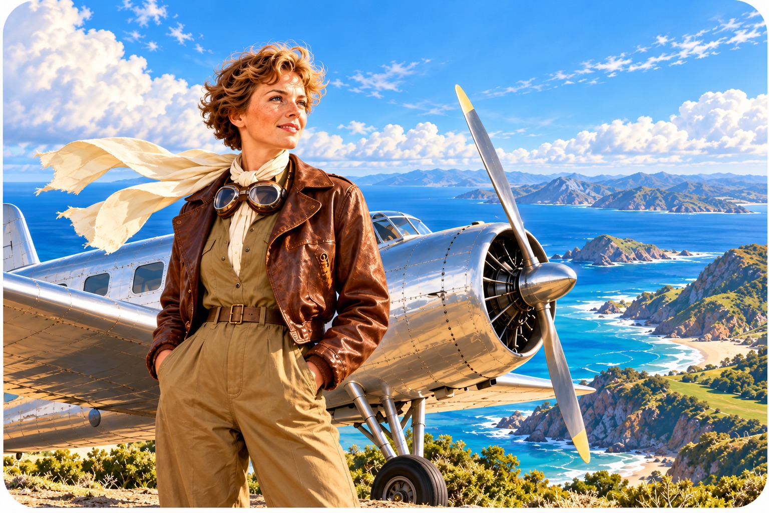 Amelia Earhart beside an aeroplane
