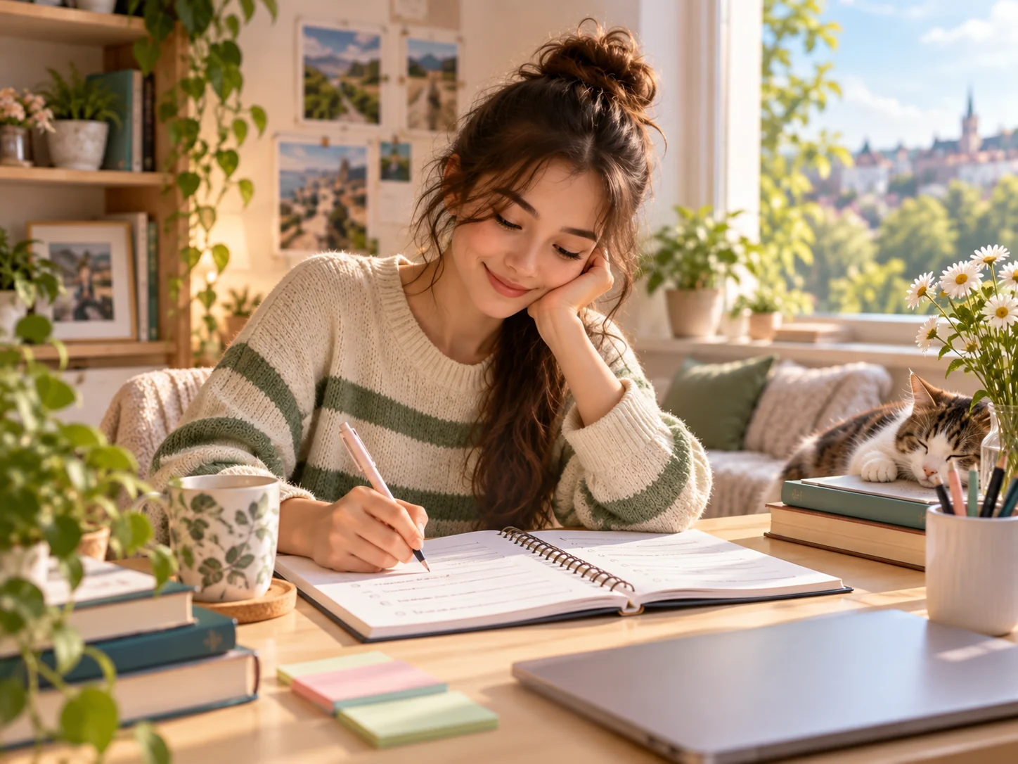 A student writing at a cosy desk