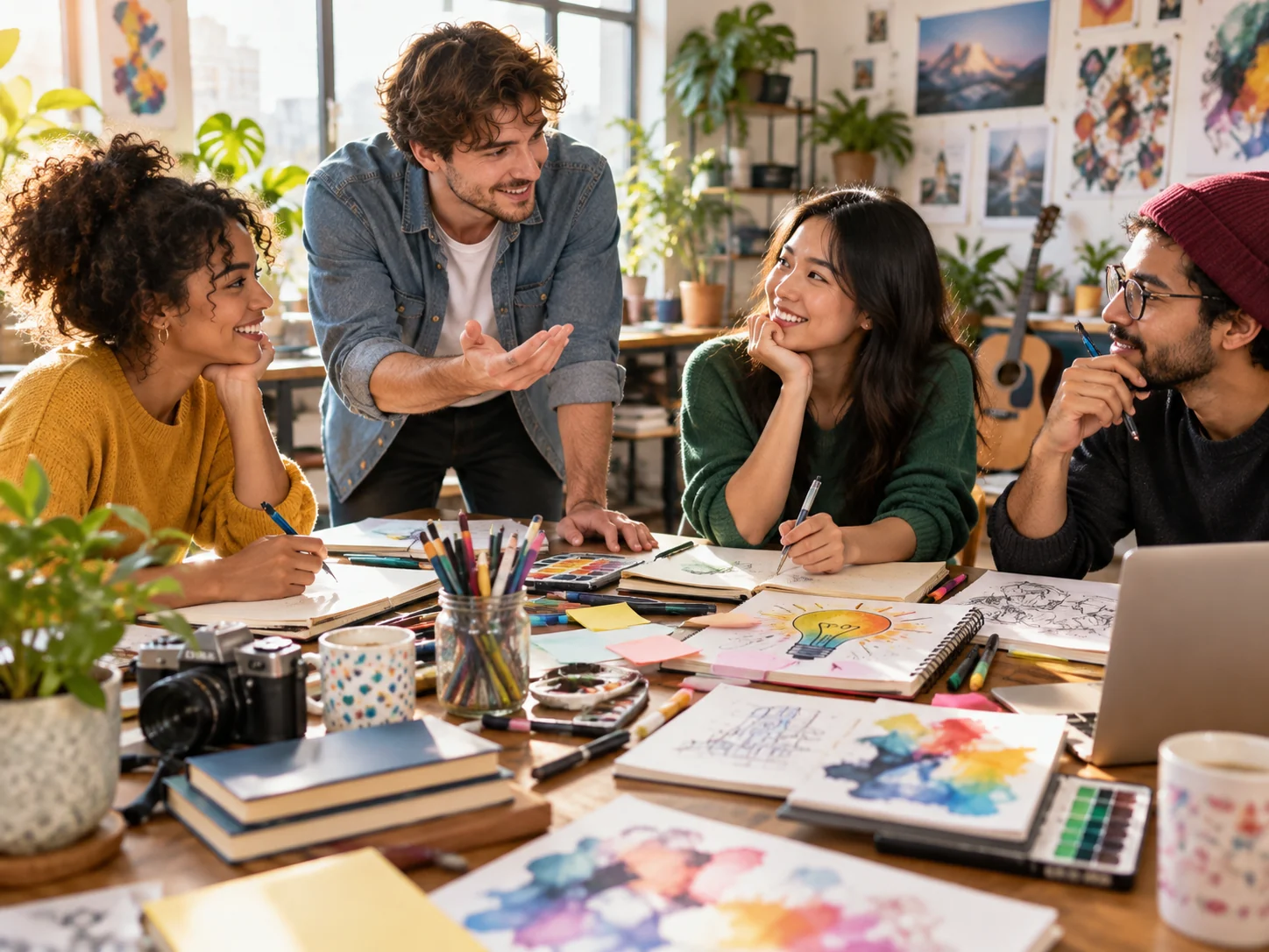 Students brainstorming in a bright creative studio