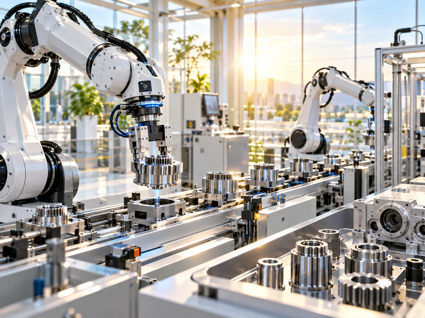 A sleek robotic assembly line in a modern factory
