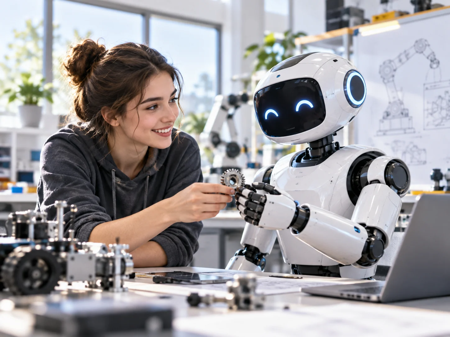 A student collaborating with a friendly robot in a lab