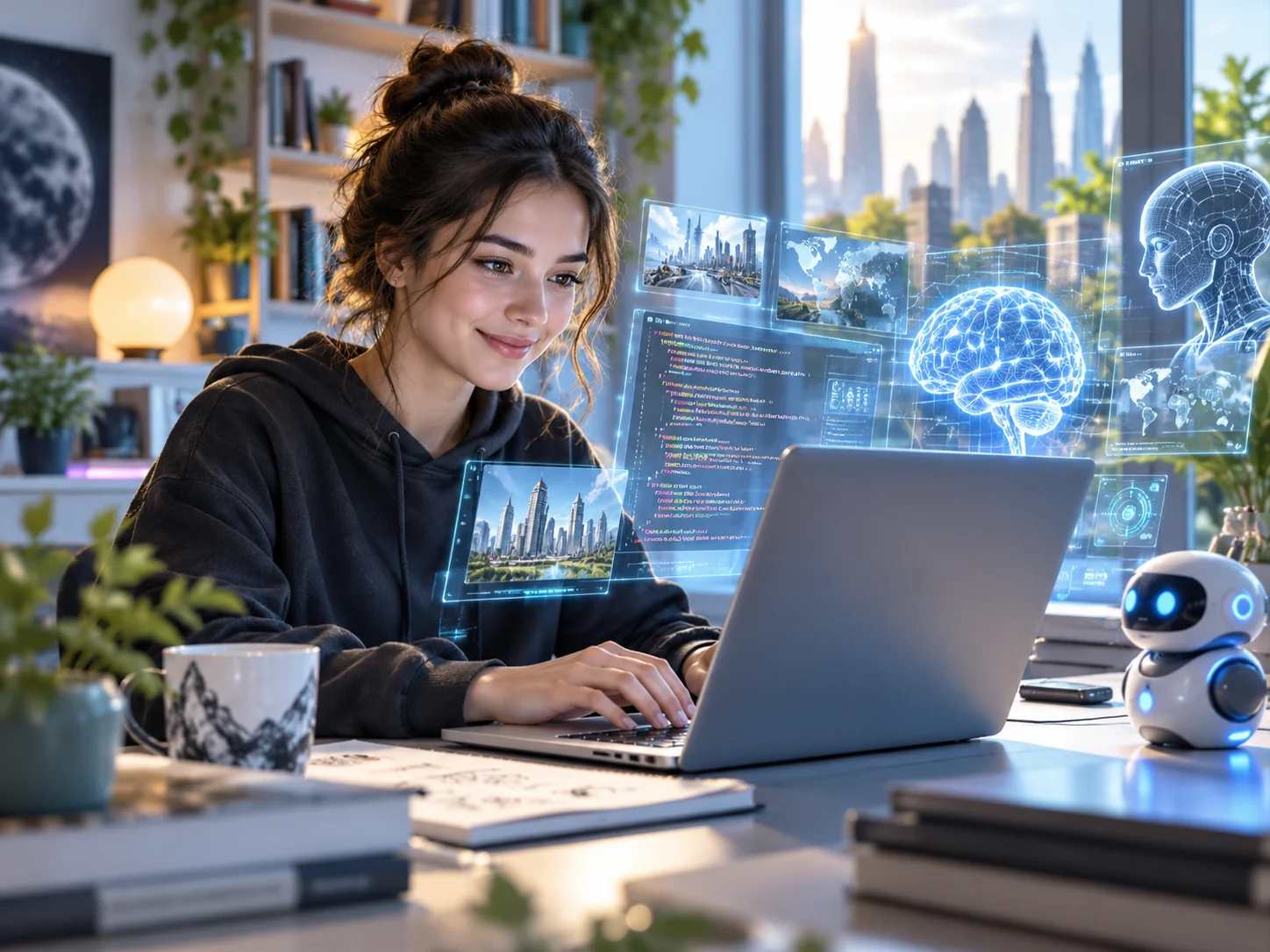 A student developer working with futuristic AI tools