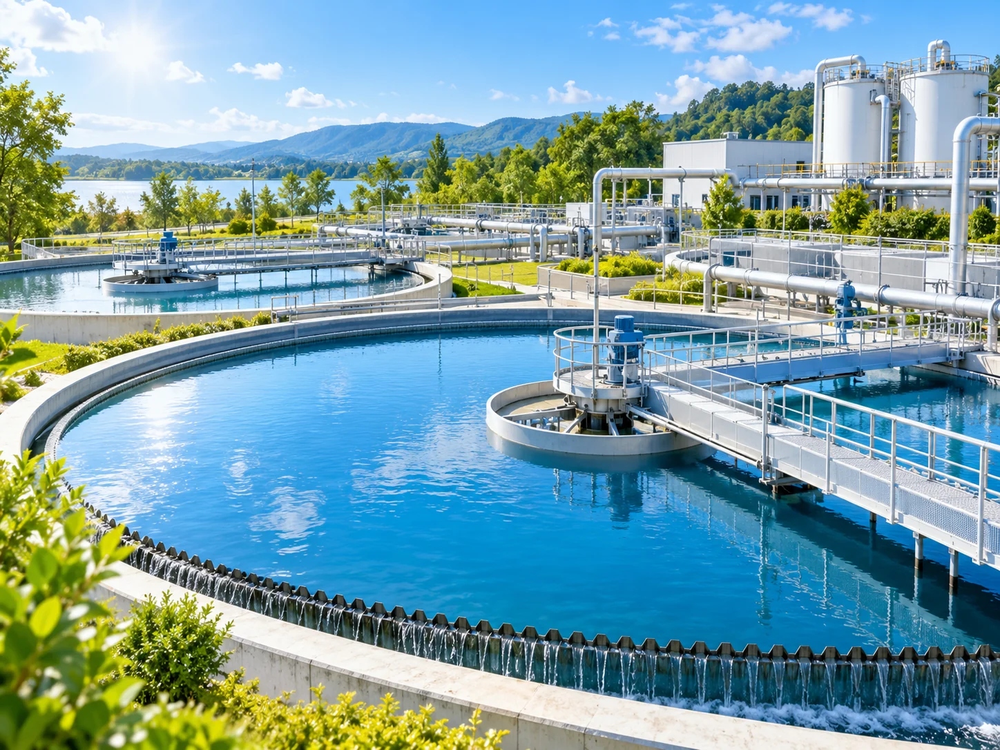 A modern water treatment plant with bright blue basins
