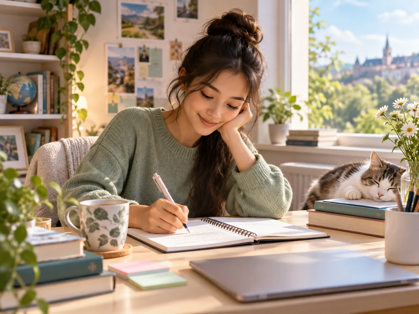 A student working at home in a cosy study corner