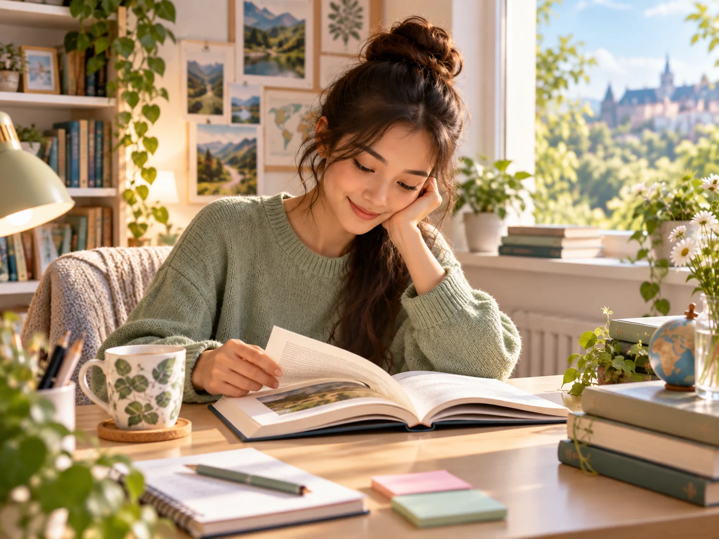 A student reading and organising ideas in a bright study space