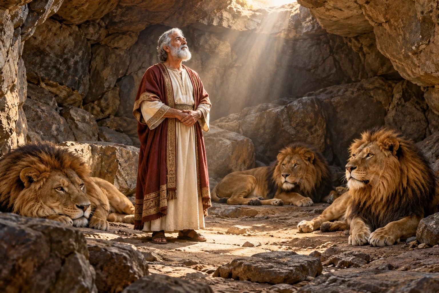 AI illustration of Daniel standing safely in a rocky den with resting lions