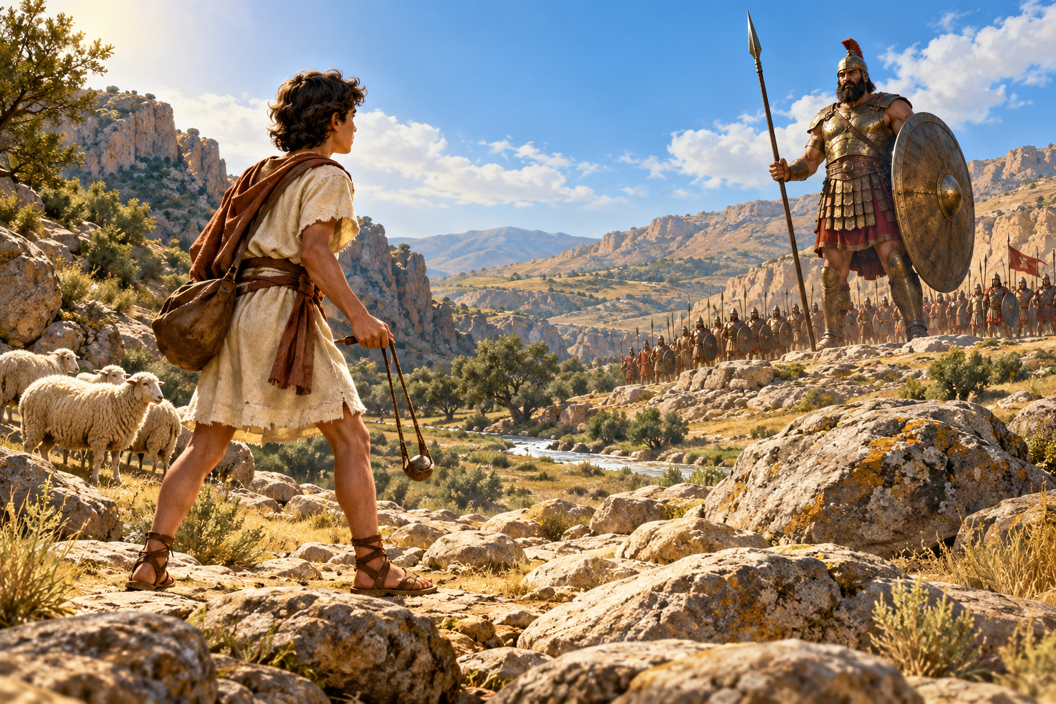 AI illustration of David holding a sling before facing Goliath in a rocky valley