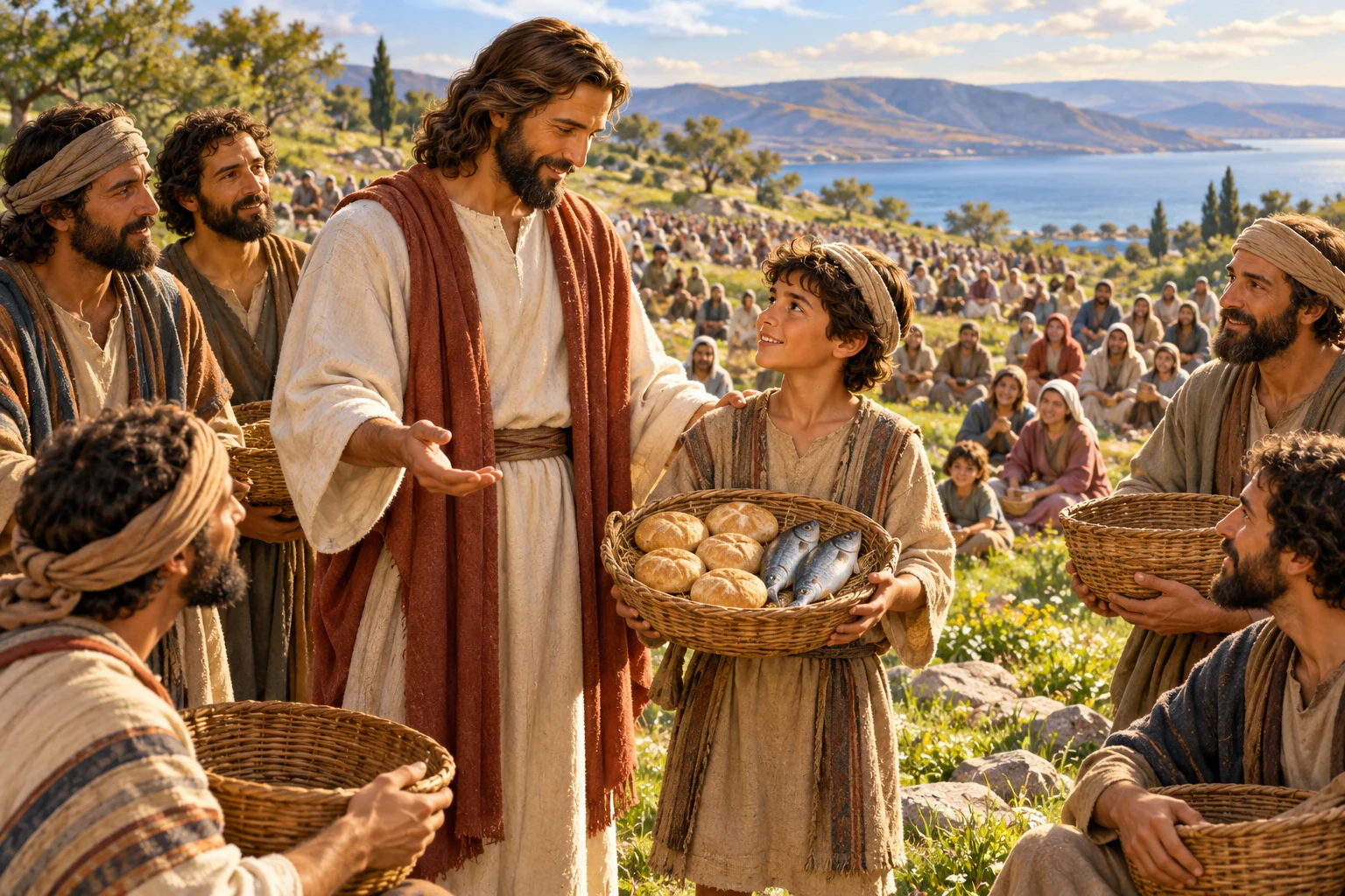 AI illustration of Jesus beside a boy with bread and fish on a grassy hillside