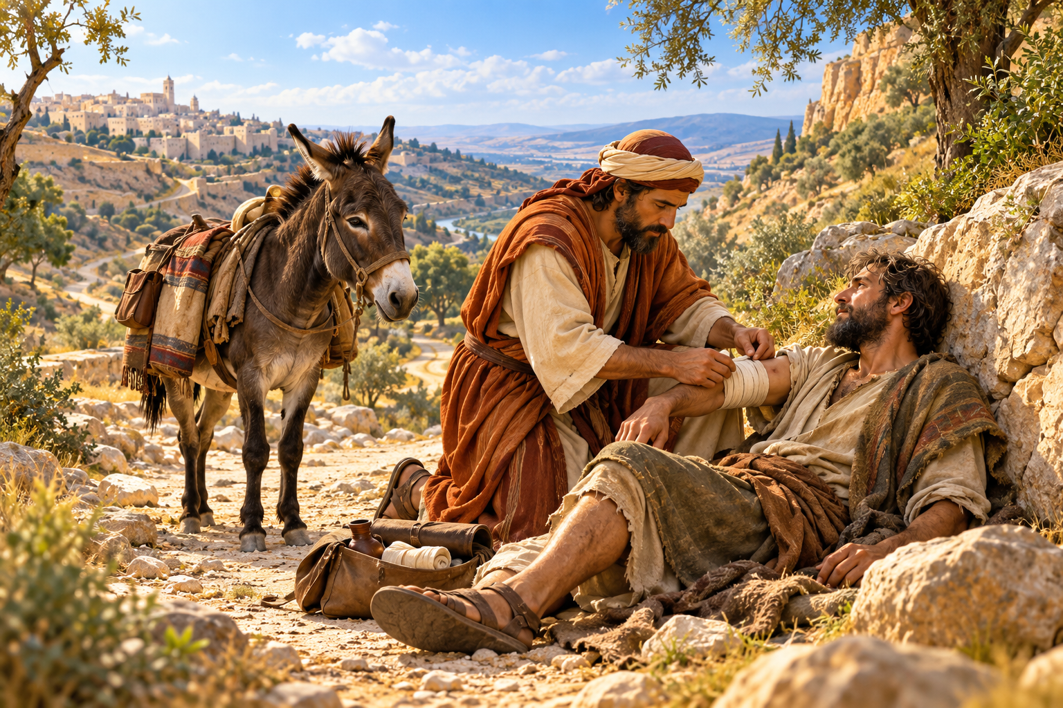 AI illustration of a Samaritan caring for an injured traveller beside a donkey