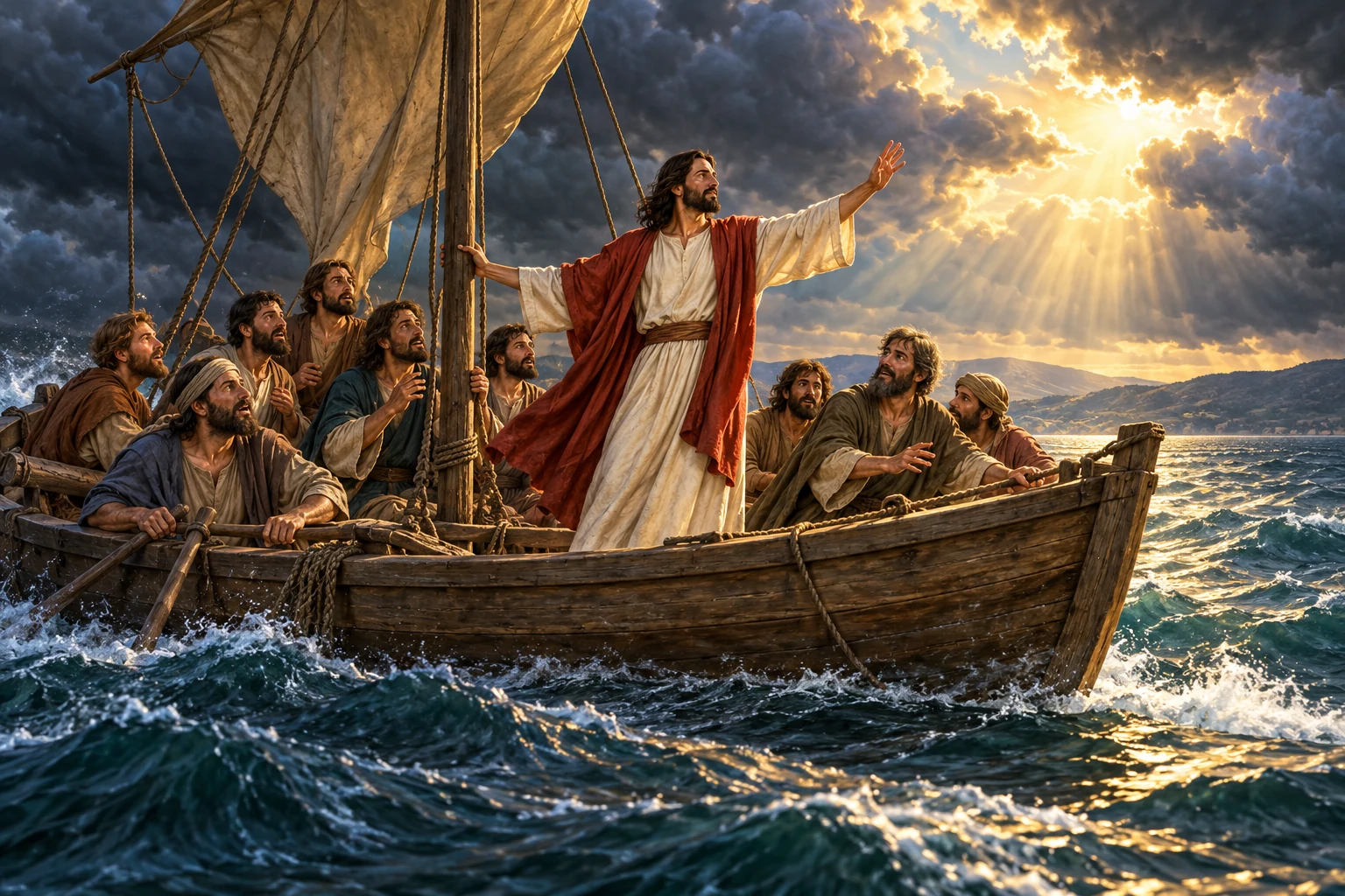 AI illustration of Jesus and his disciples in a wooden boat as a storm begins to calm