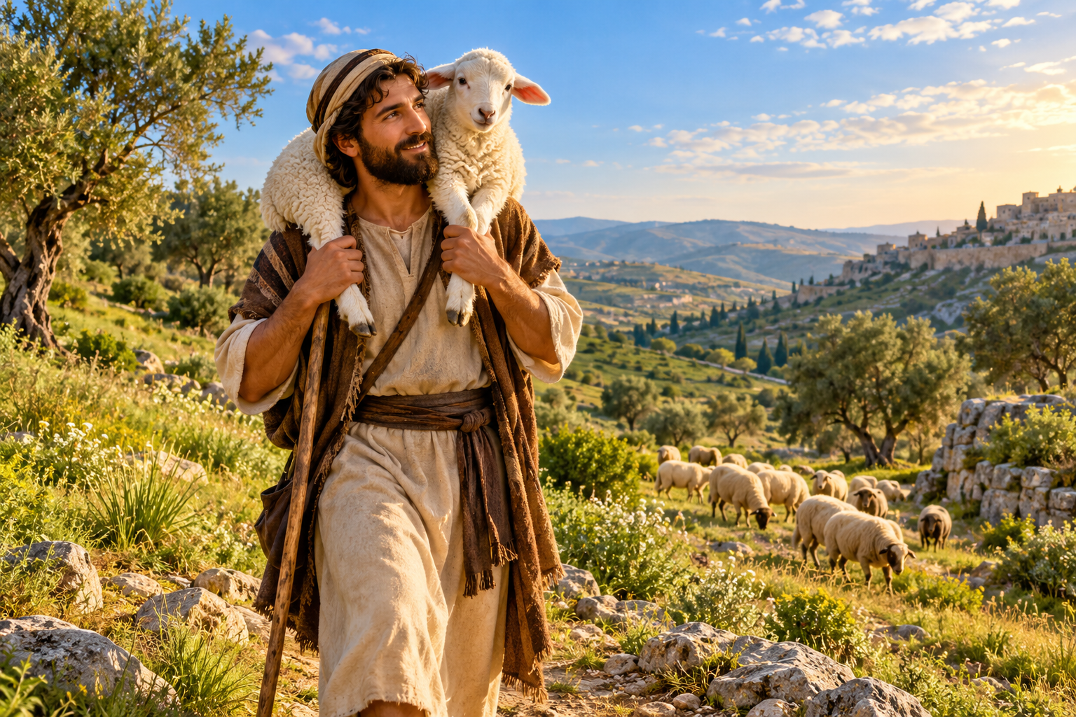 AI illustration of a shepherd carrying a white sheep on his shoulders