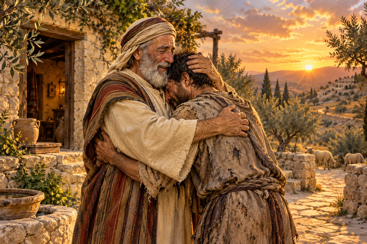AI illustration of a father embracing his returning son outside a rural stone home