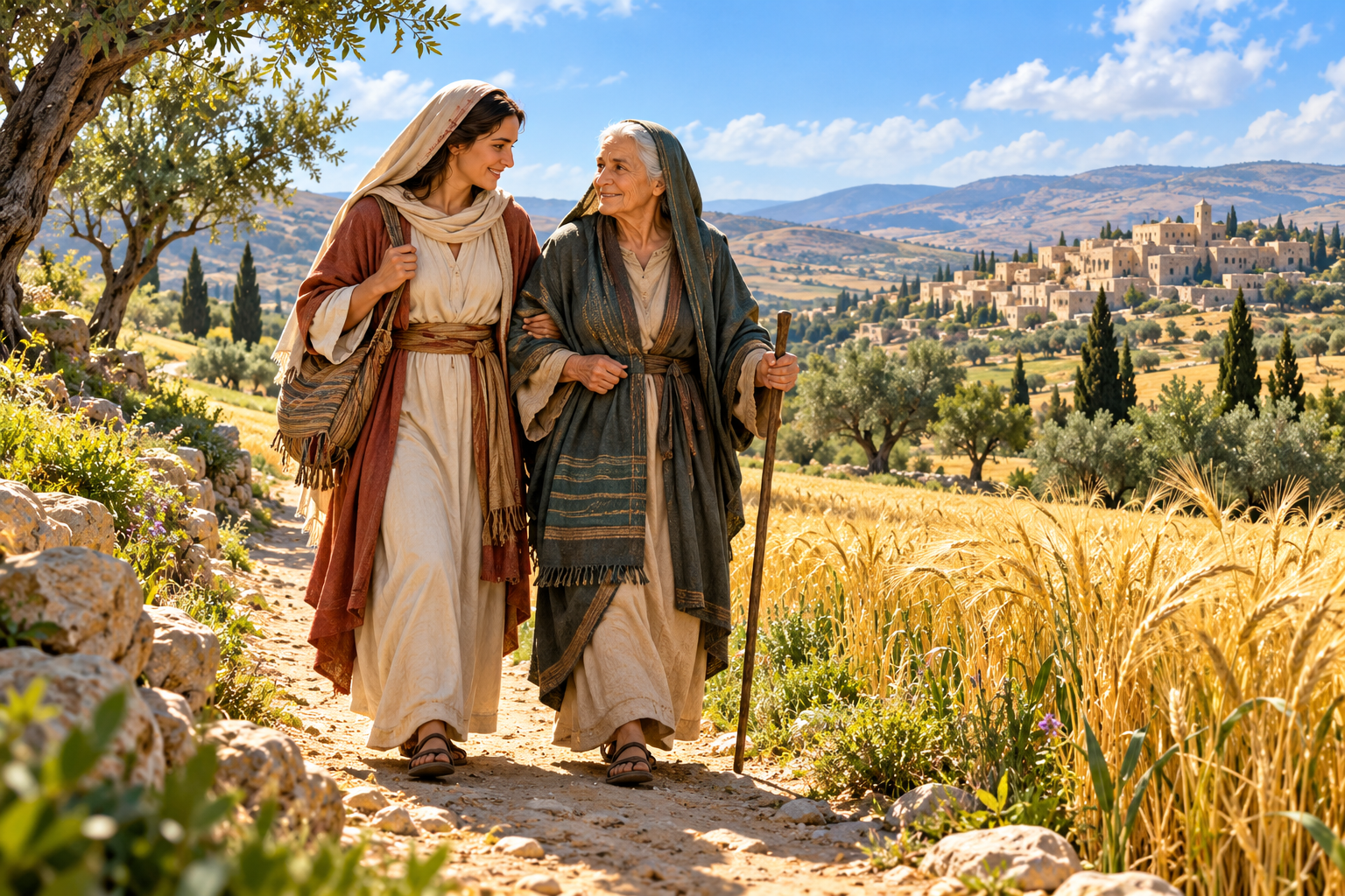 AI illustration of Ruth and Naomi walking together beside golden barley fields