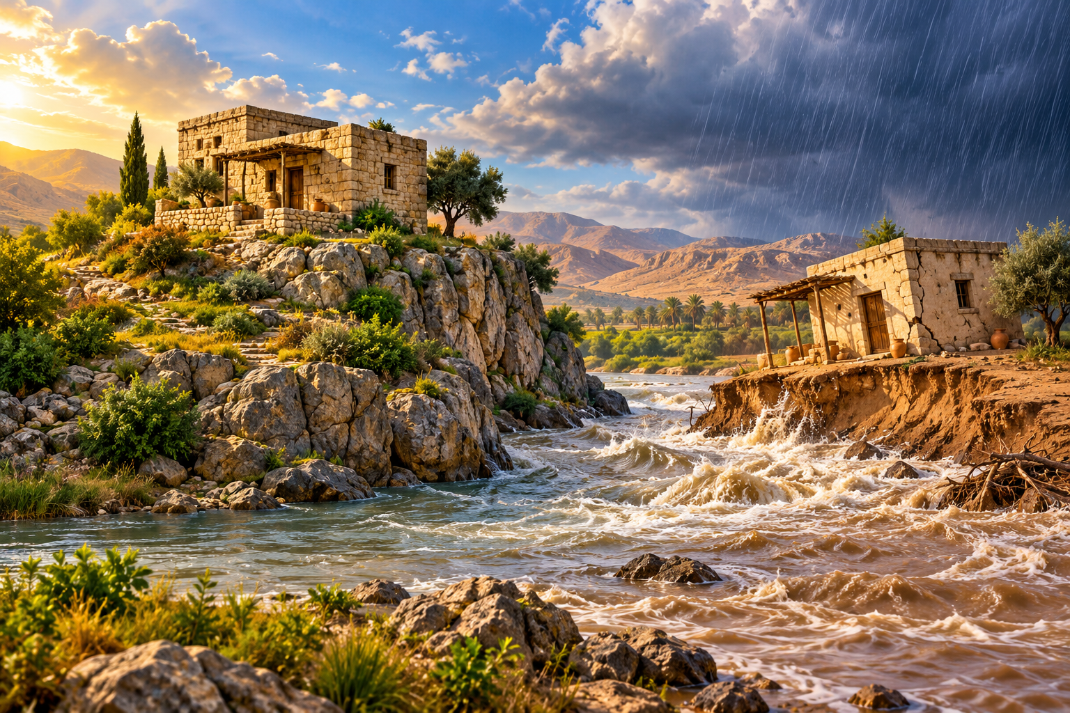 AI illustration of one house on rock and another on sand beside a swollen river