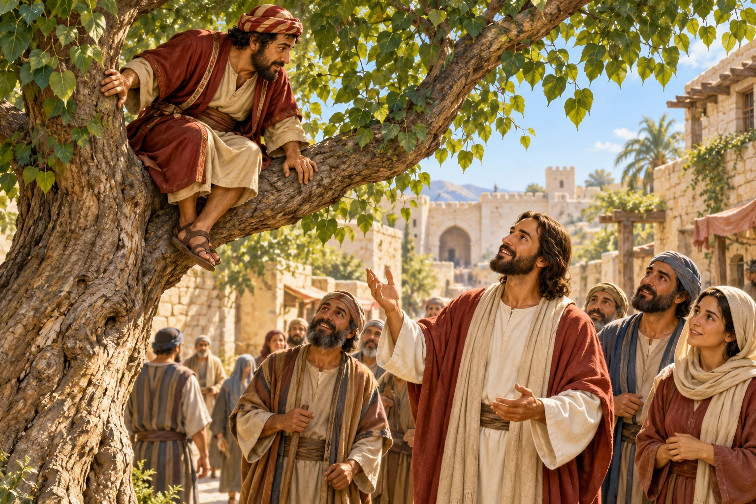 AI illustration of Zacchaeus in a sycamore tree looking down at Jesus in Jericho