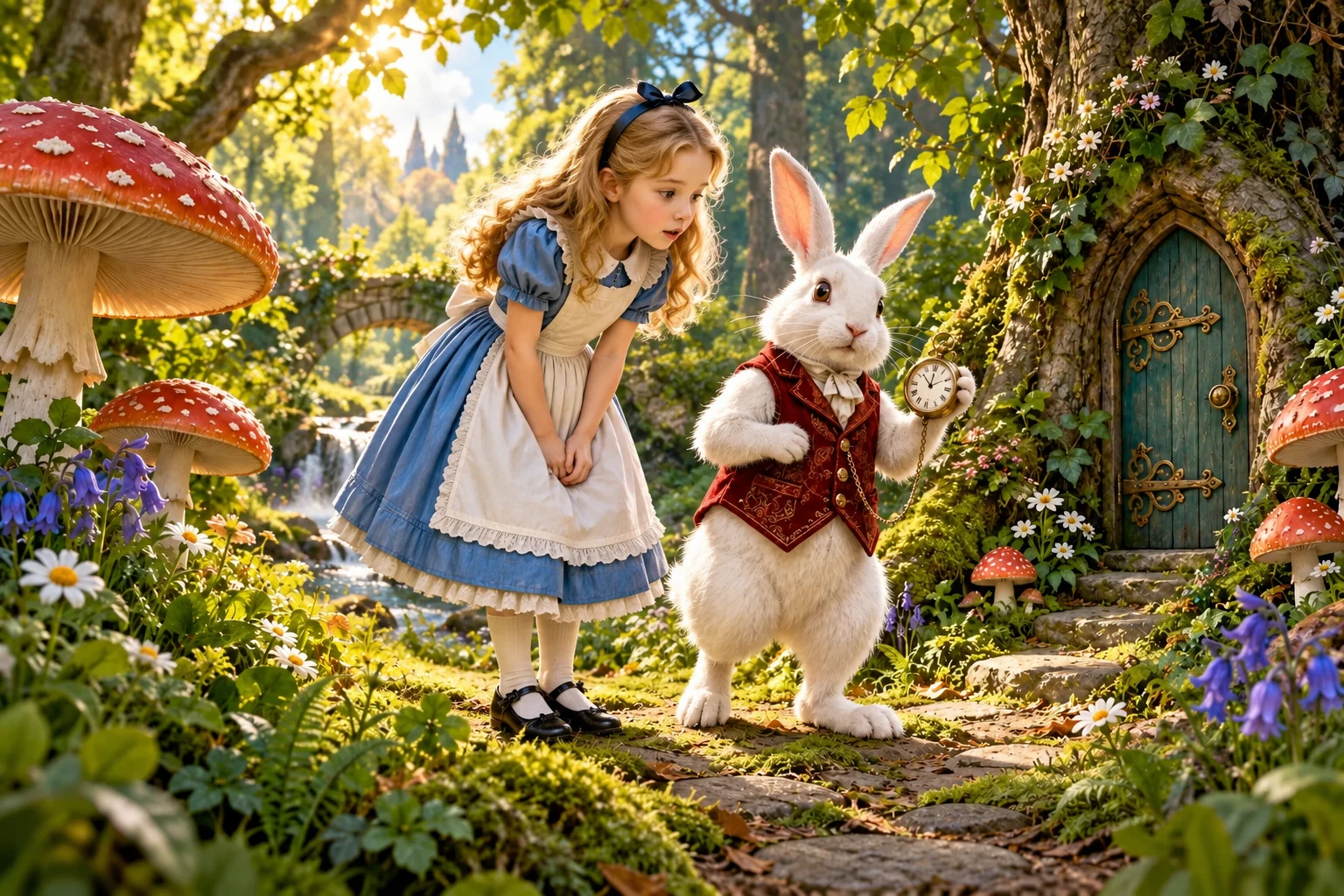 AI storybook illustration of Alice beside the White Rabbit with a pocket watch in a sunlit woodland