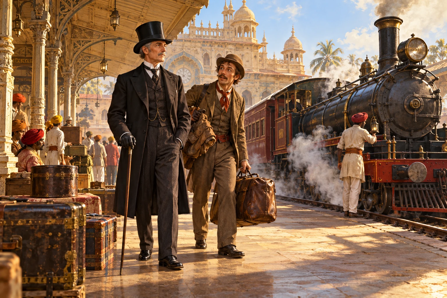 AI illustration of Phileas Fogg and Passepartout beside a nineteenth-century steam train at an Indian railway station