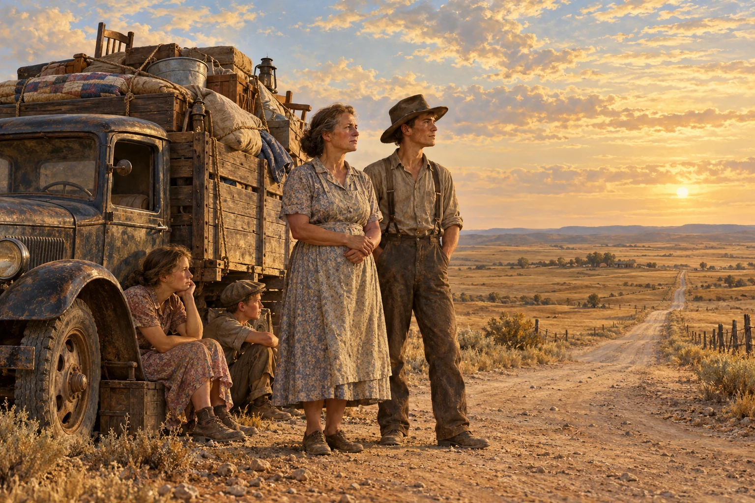AI illustration of a 1930s migrant family beside a loaded farm truck on a dusty road
