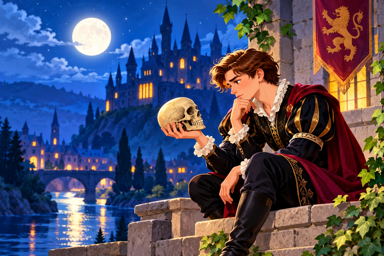 Hamlet holding a skull on a moonlit castle terrace