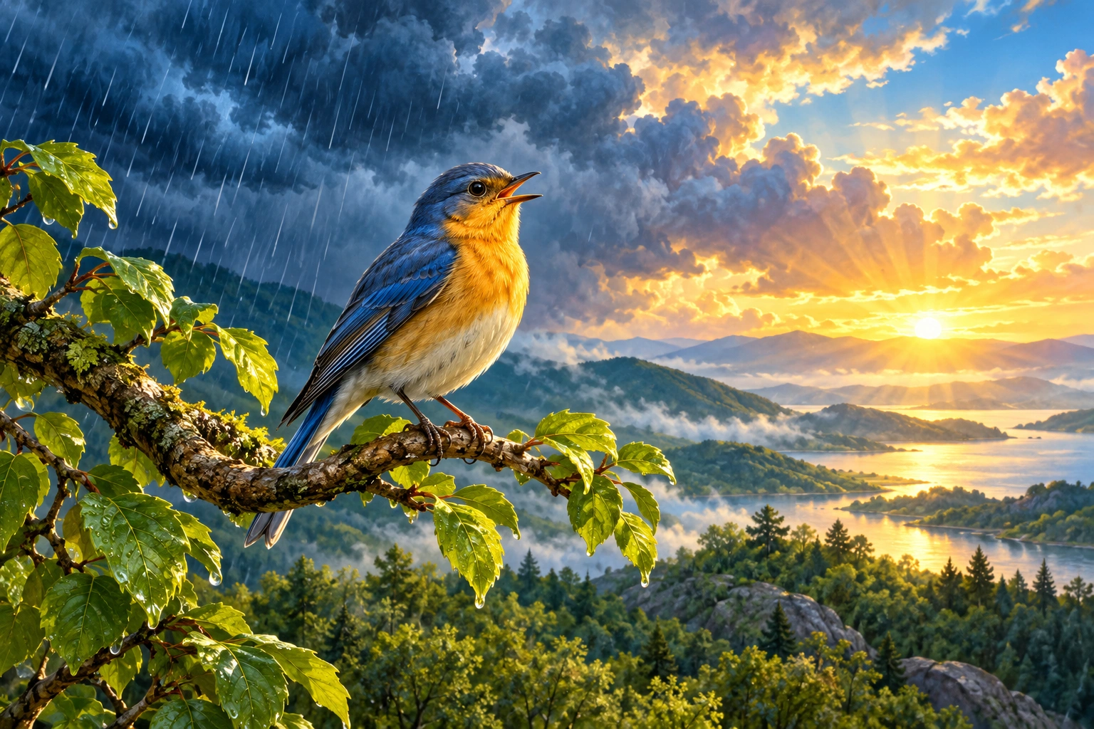 AI illustration of a golden-breasted songbird singing as a storm gives way to sunlight