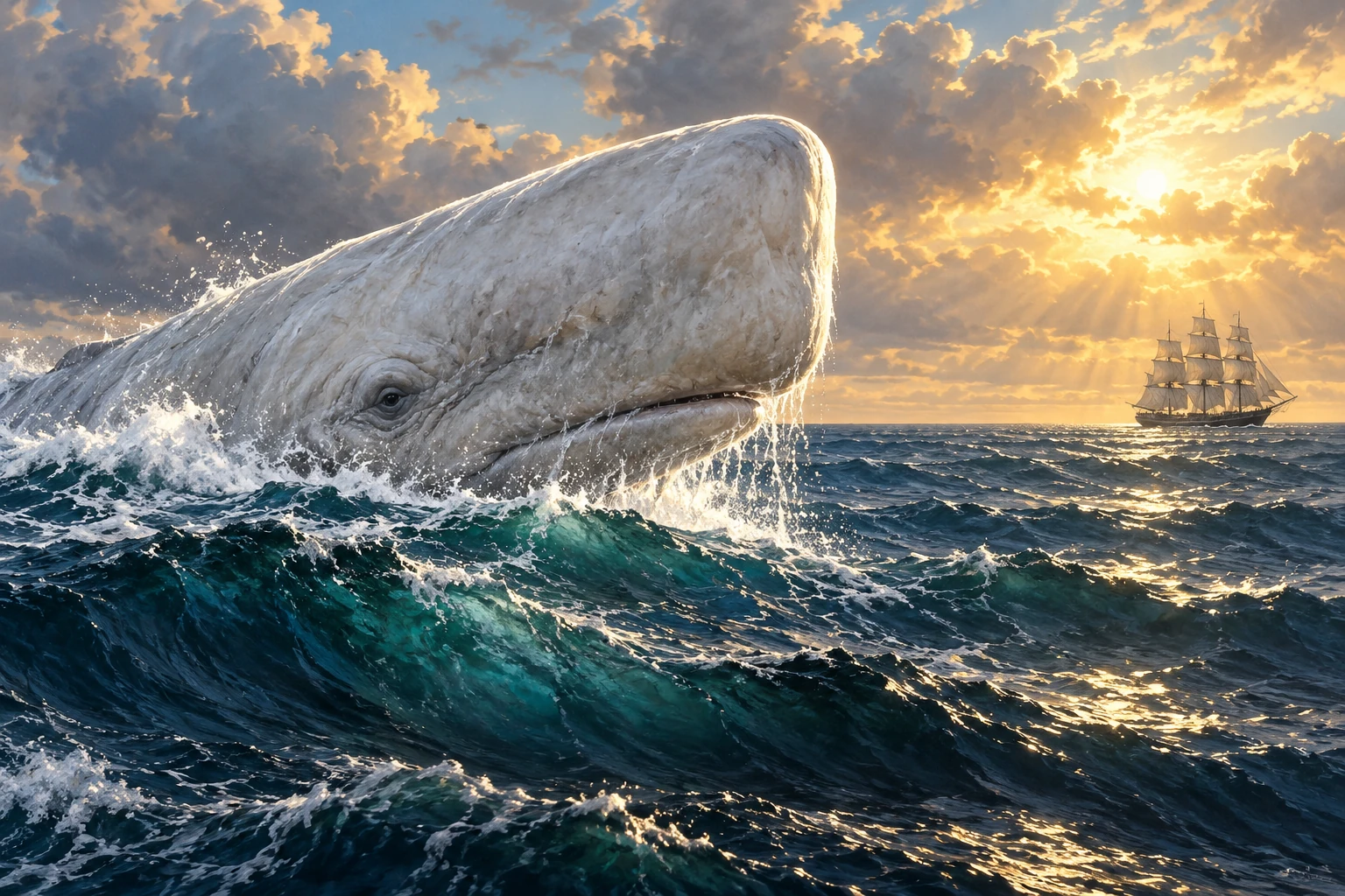 AI illustration of a white sperm whale surfacing in the ocean with a nineteenth-century sailing ship in the distance
