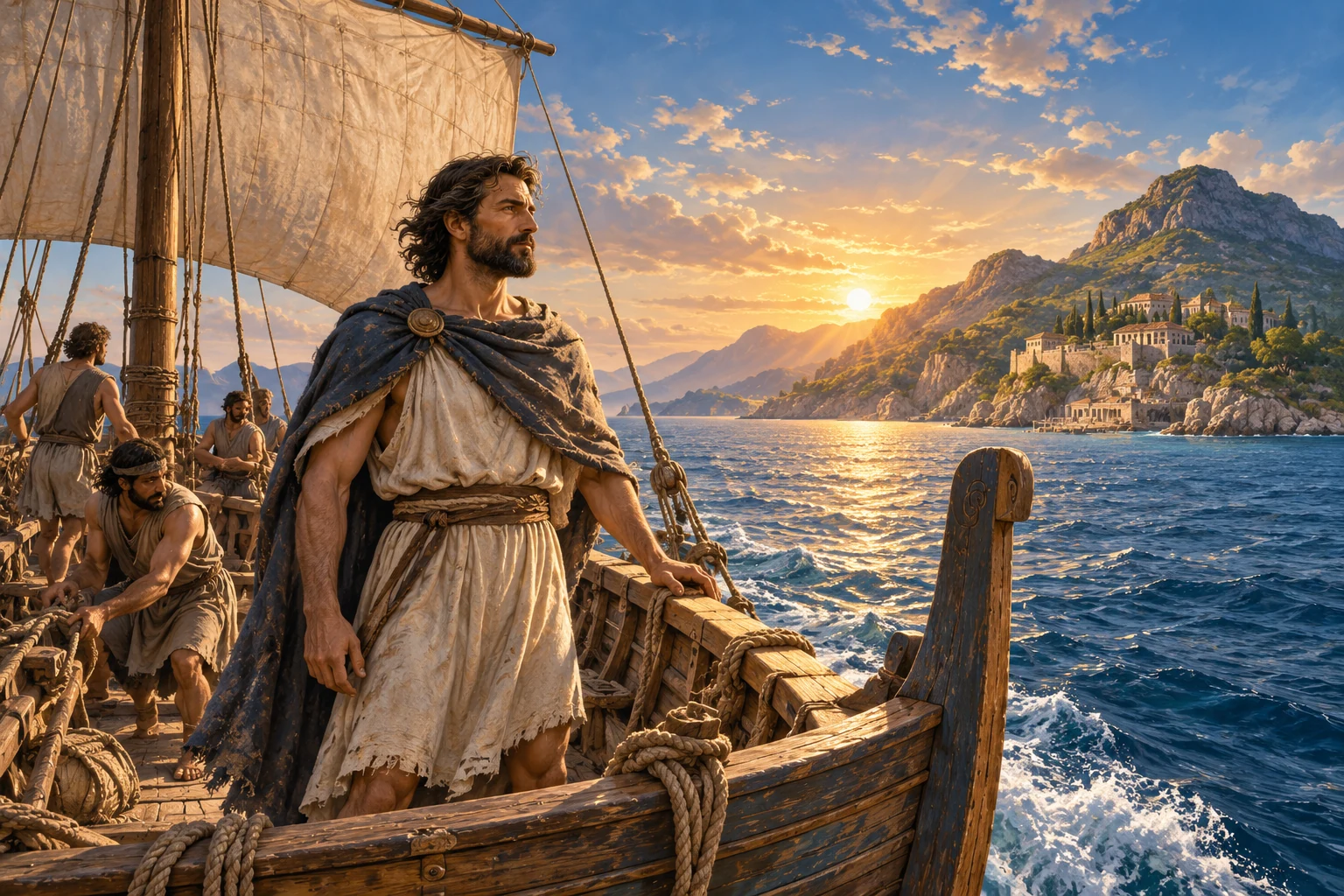 AI illustration of Odysseus aboard an ancient Greek ship looking towards an island at sunrise