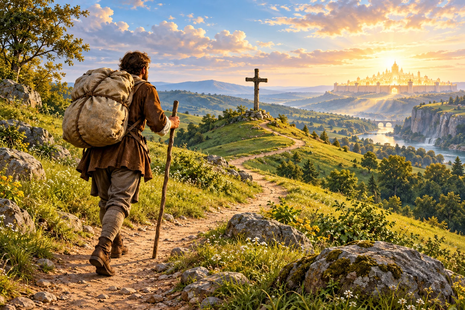 AI illustration of Christian carrying a heavy burden along a winding path towards a cross and distant city