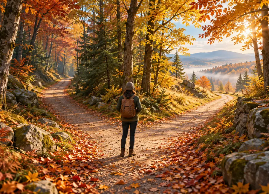 A traveller considering two paths in an autumn wood