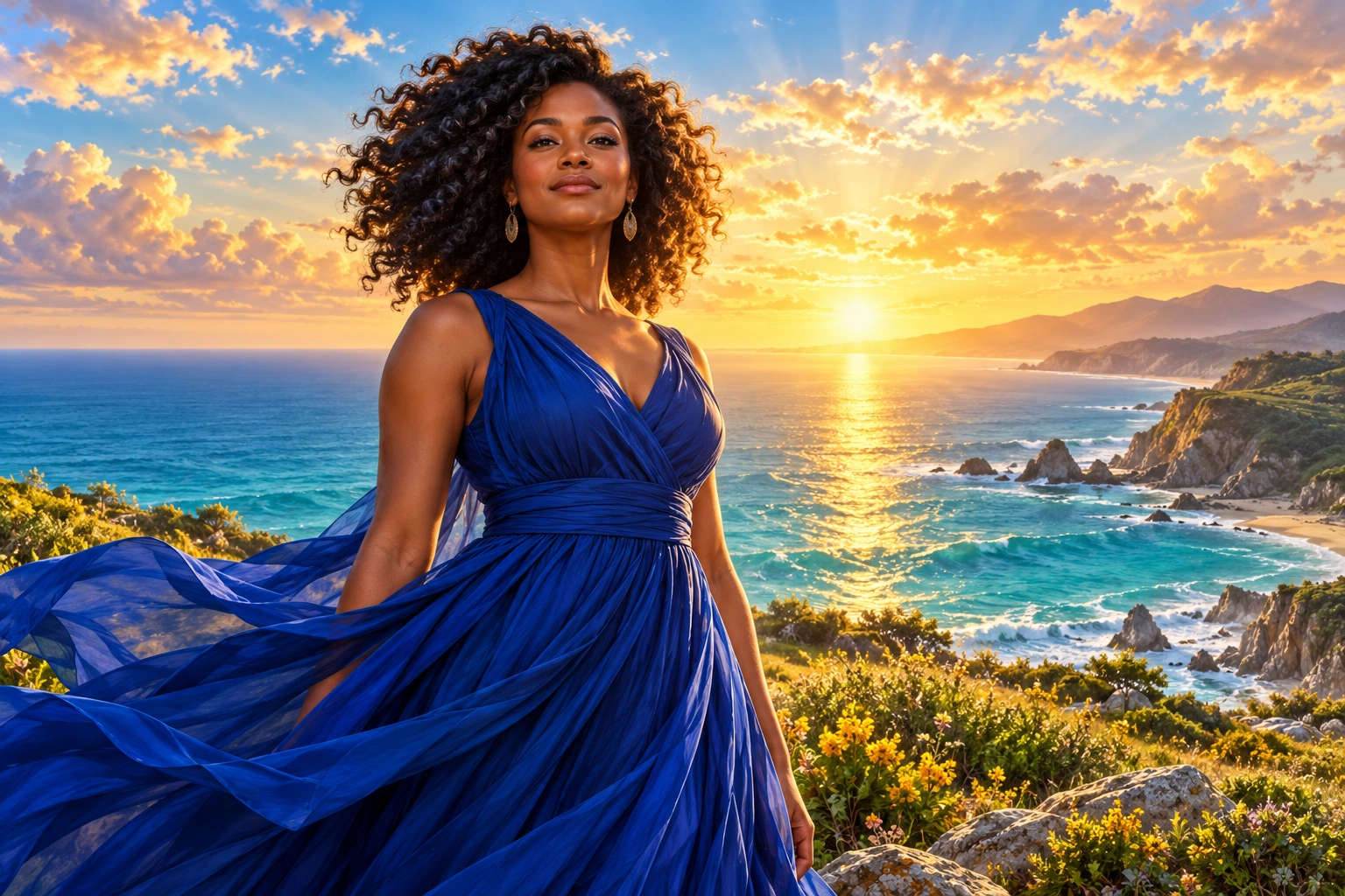 AI illustration of a confident Black woman overlooking the ocean at sunrise
