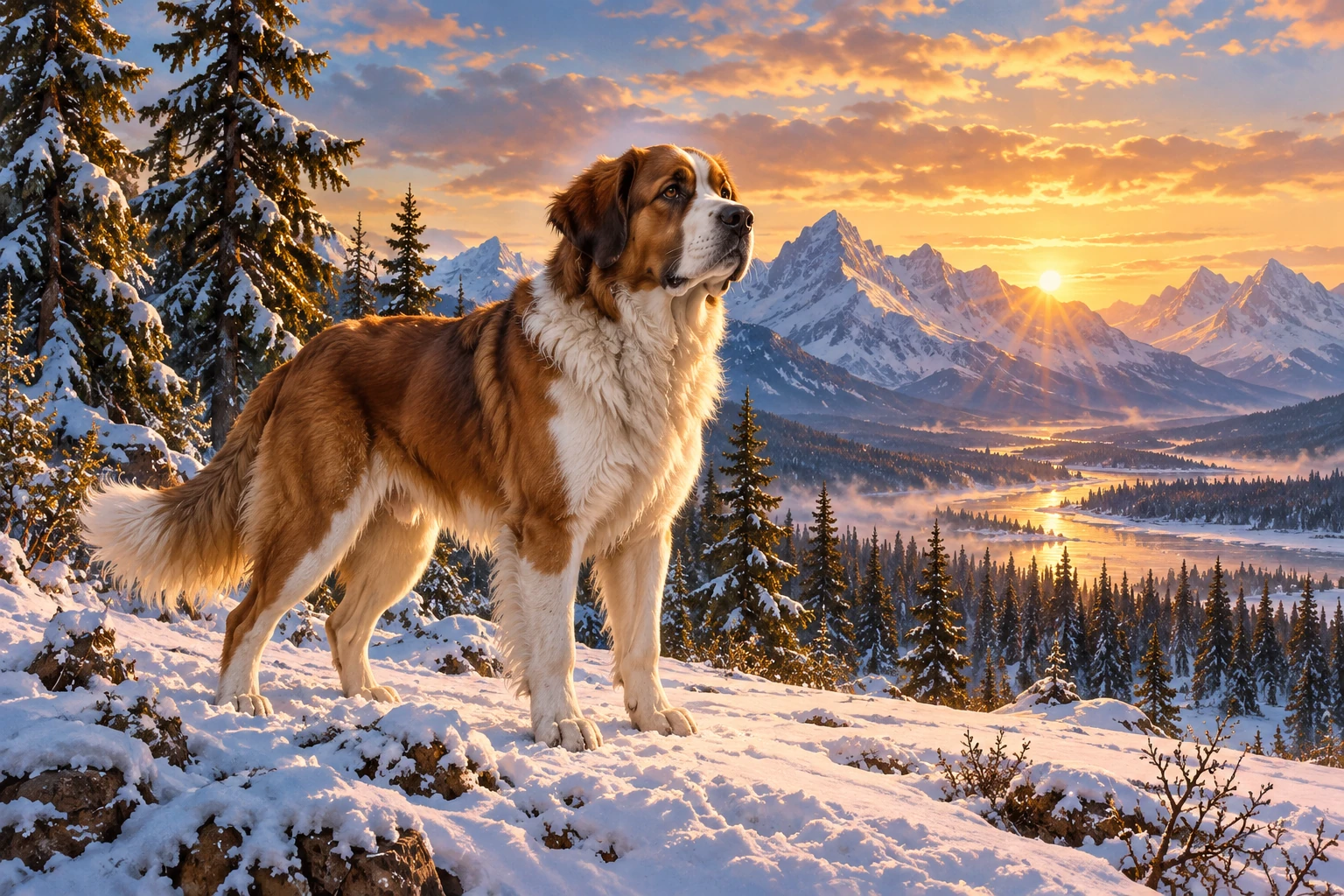 AI illustration of Buck, a large brown and white dog, standing in the snowy Yukon wilderness at sunrise