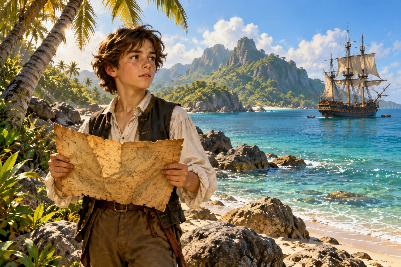 AI illustration of Jim Hawkins holding a treasure map on a tropical island shore with a sailing ship offshore
