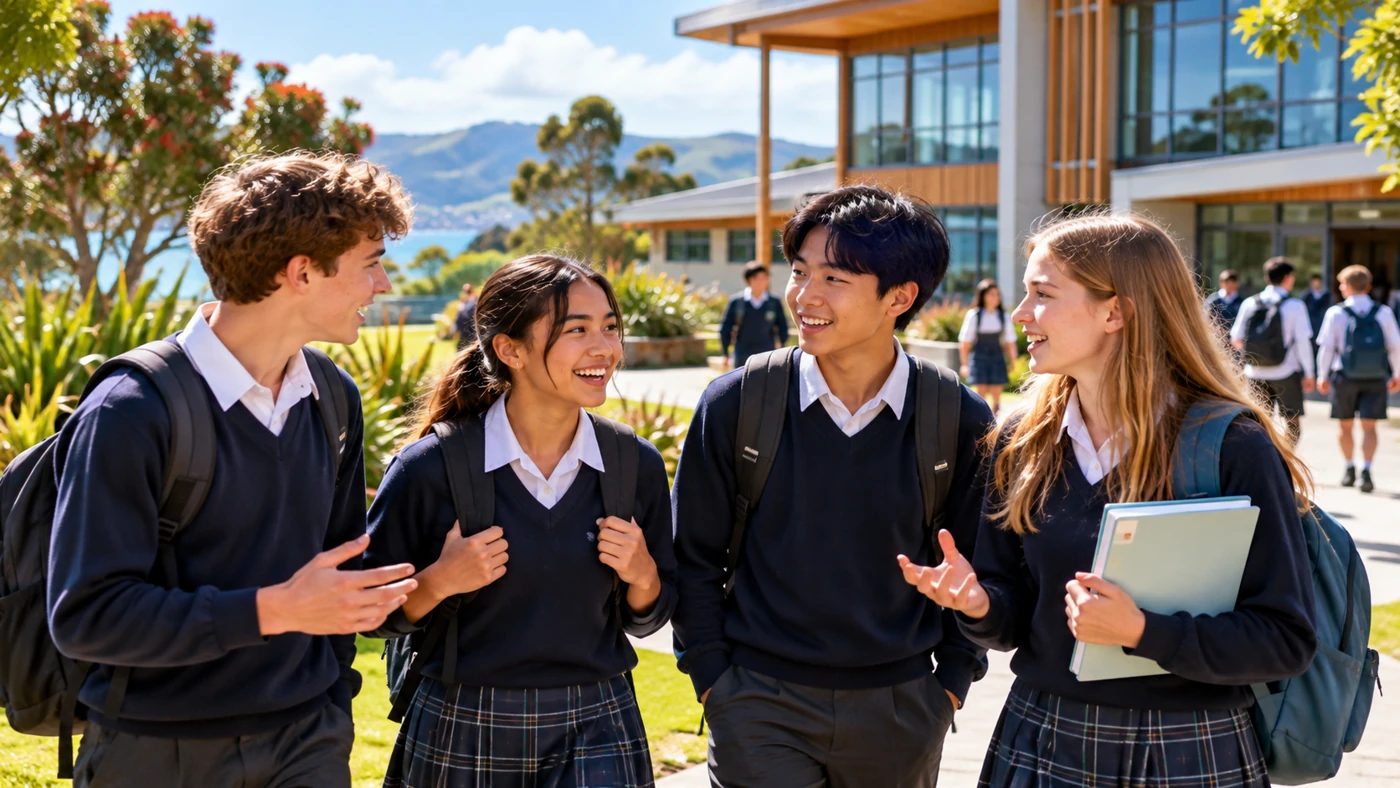 Students talking together outside a New Zealand secondary school
