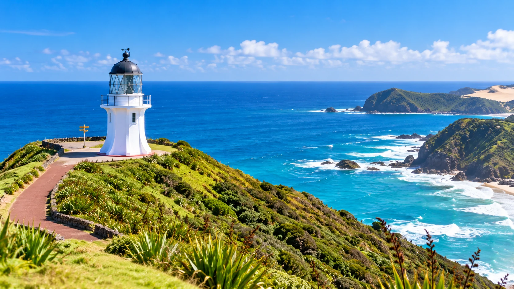 Cape Reinga lighthouse on a sunny coastal headland