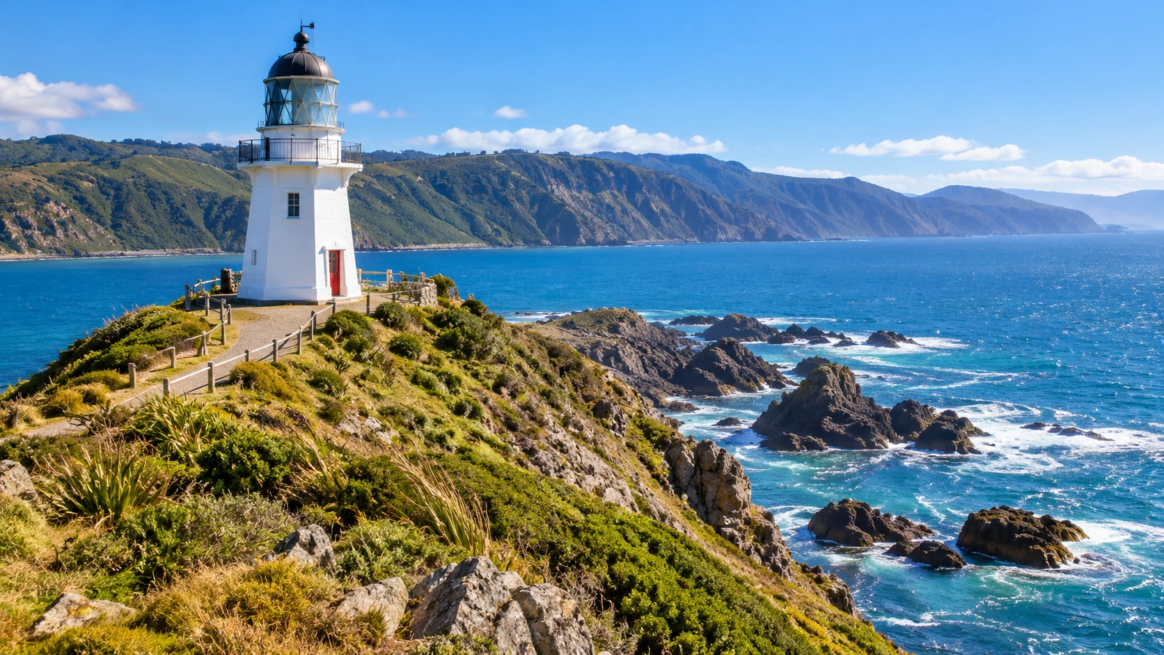 A historic lighthouse on a rugged New Zealand coast