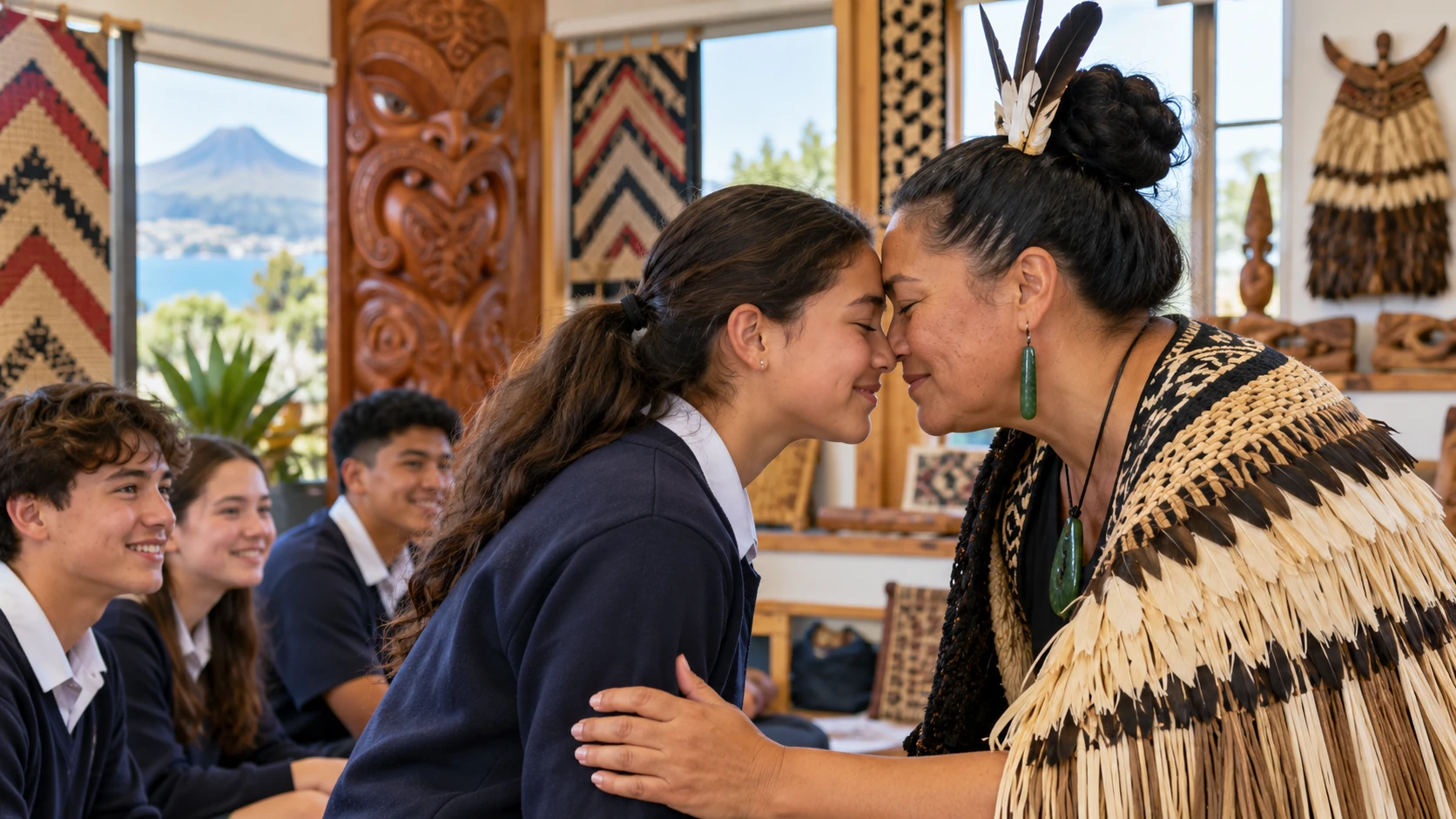A respectful hongi greeting in a Māori learning space