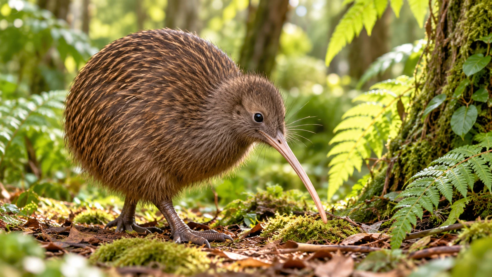 A kiwi bird walking in native forest