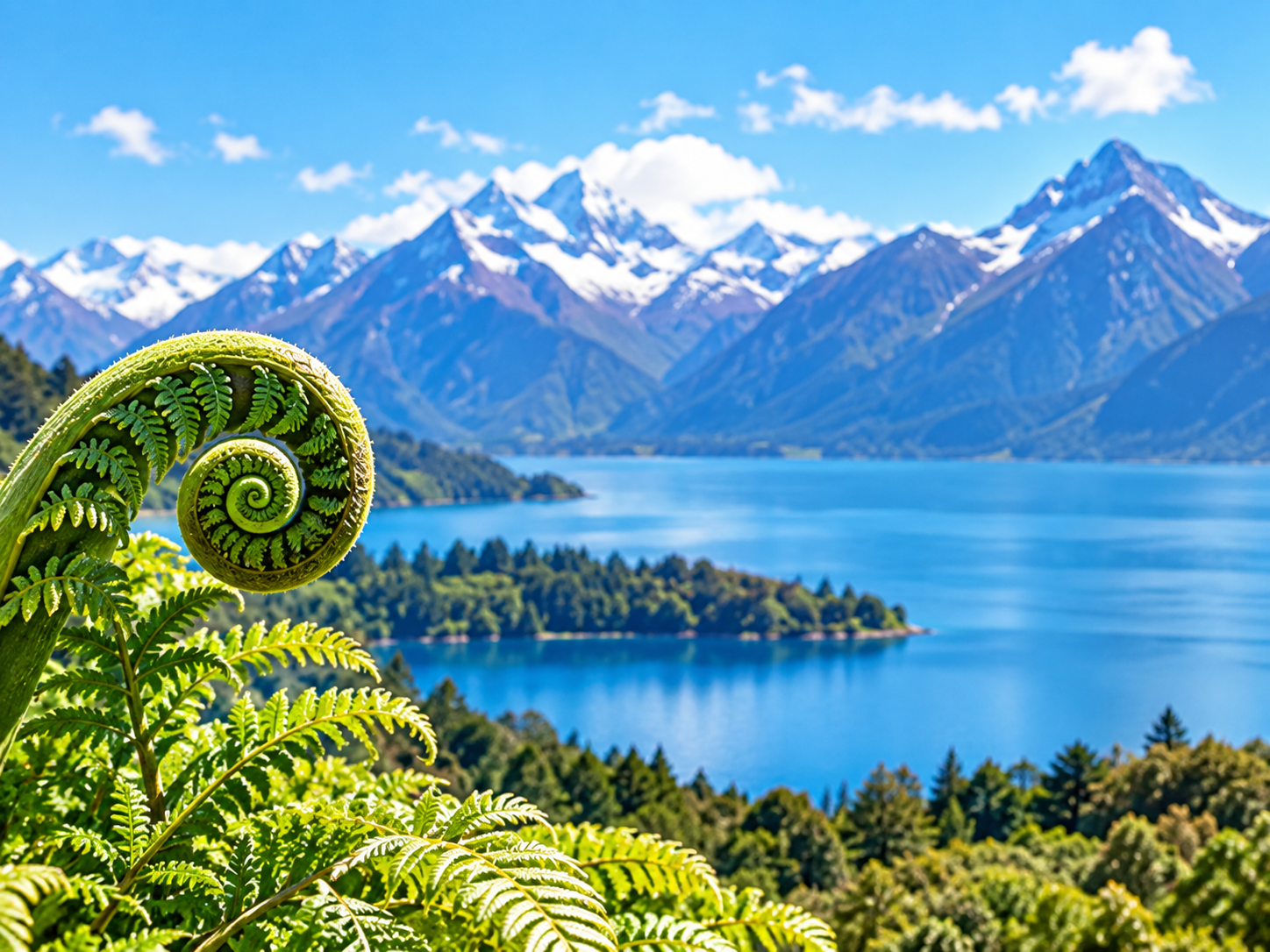 A koru fern beside a bright blue lake and snow-capped mountains