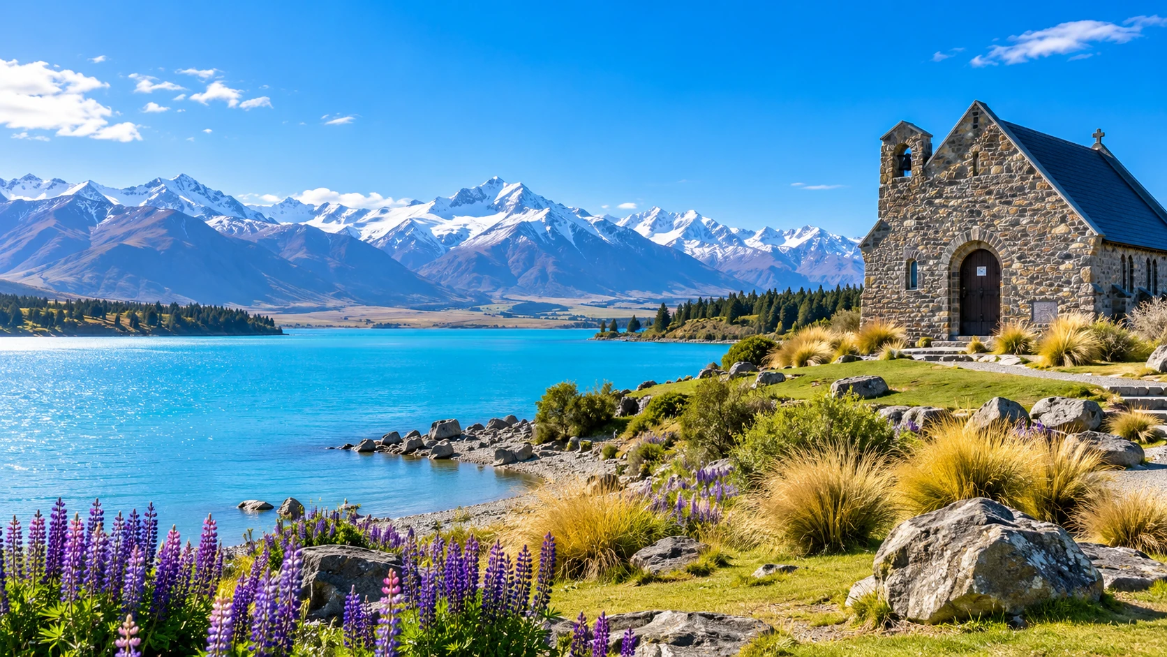 Lake Tekapo with turquoise water and mountain backdrop