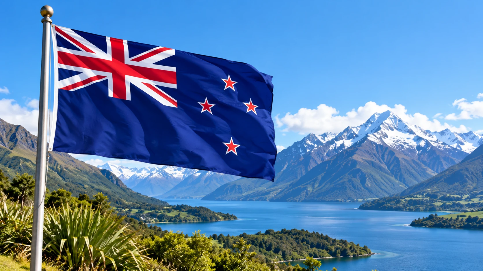 The New Zealand flag with mountains and lake behind