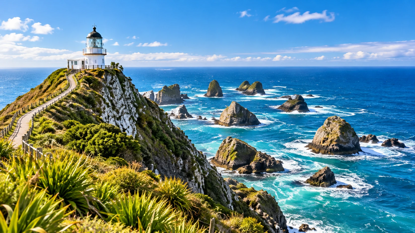 Nugget Point lighthouse above rocky sea stacks