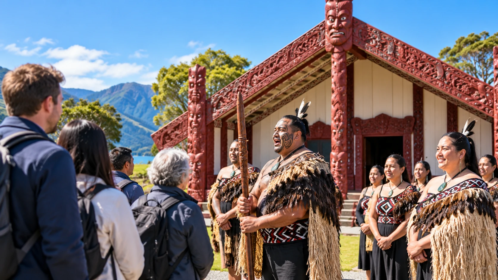 A pōwhiri welcome taking place outside a marae