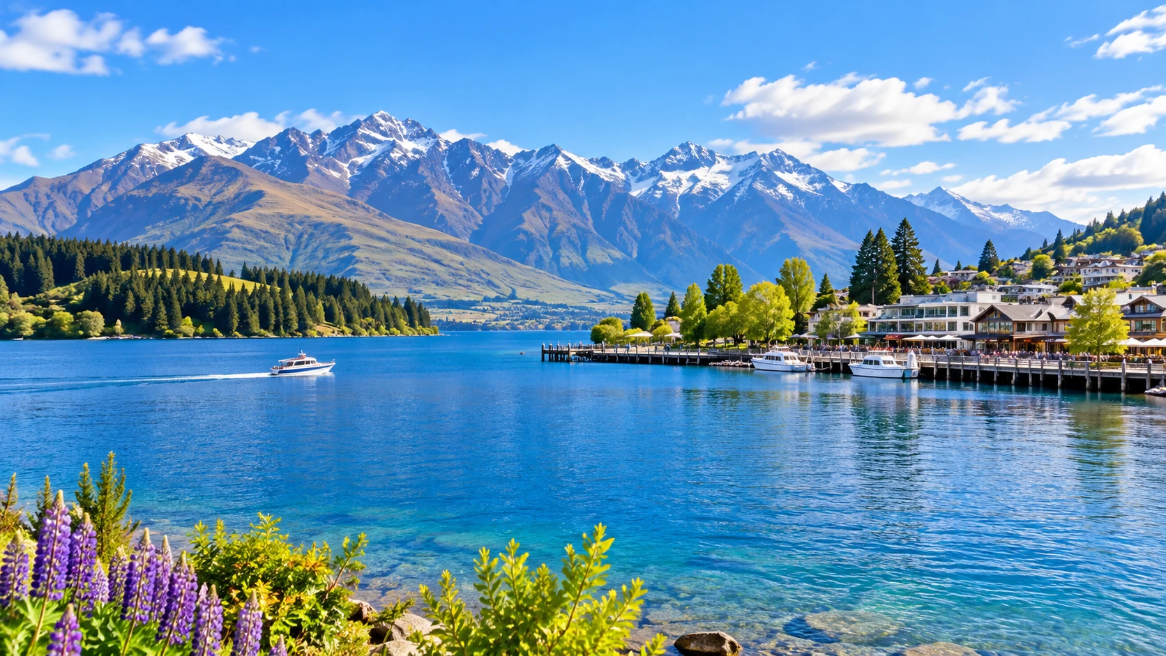 Queenstown beside Lake Wakatipu with mountains behind