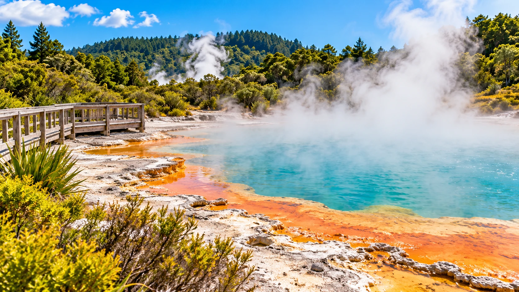 Steam rising from a colourful geothermal pool in Rotorua