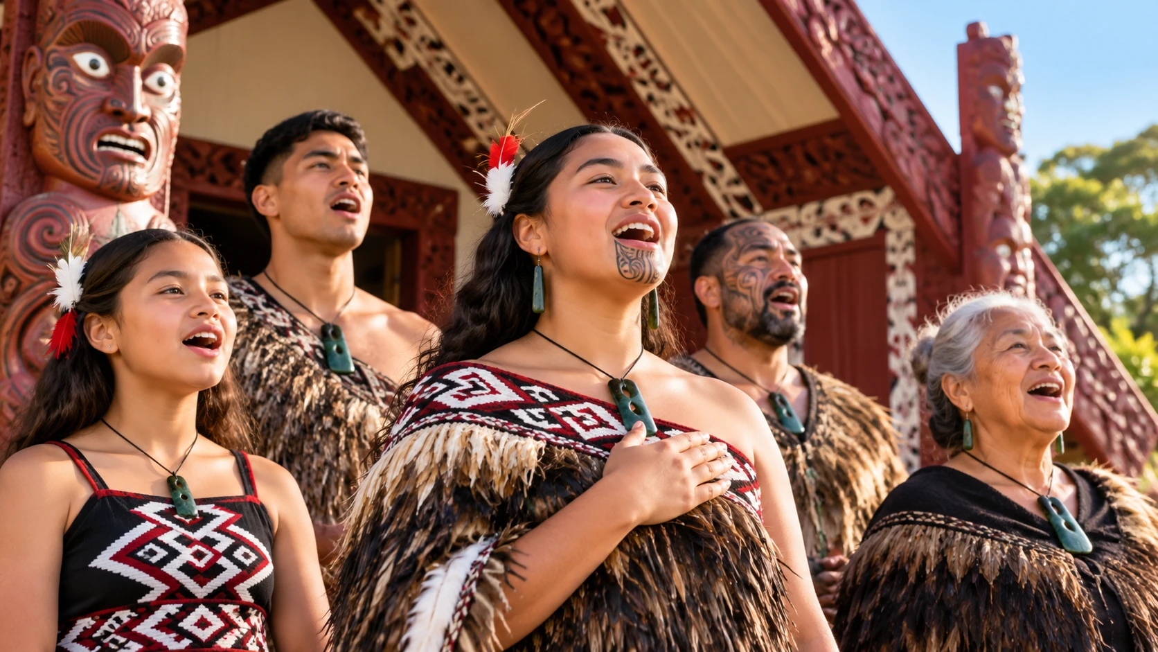 A group singing a waiata in front of a wharenui
