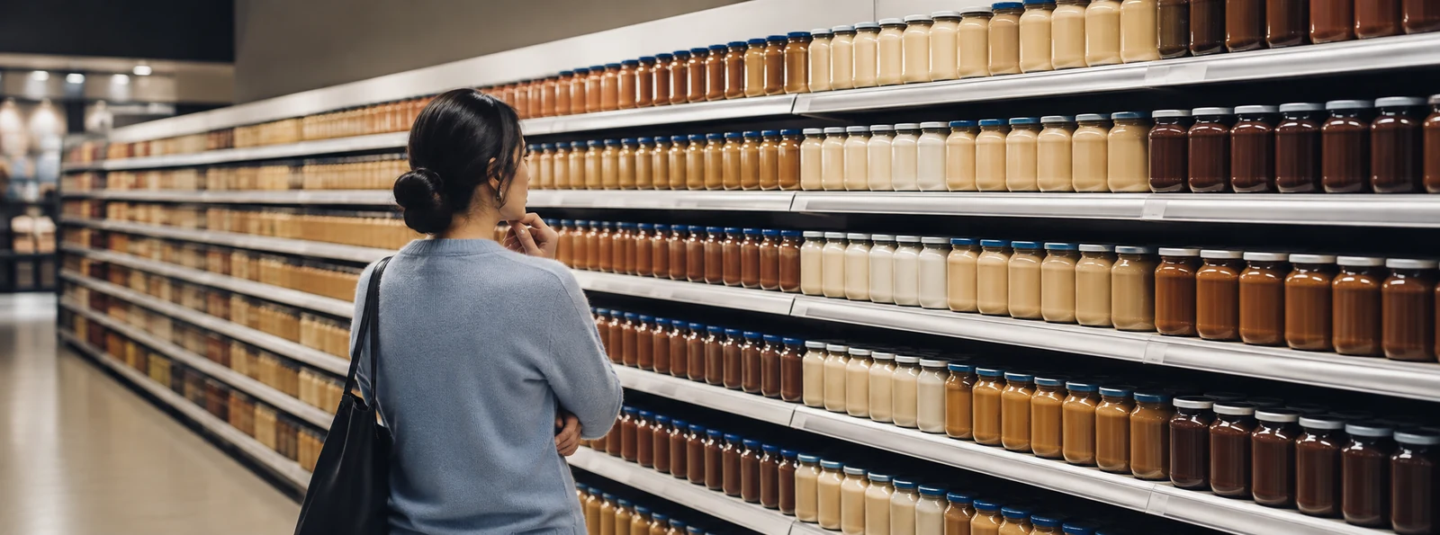A shopper considering many similar products on a supermarket shelf