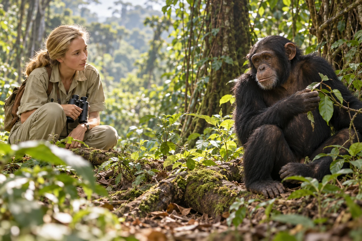 AI illustration inspired by Jane Goodall: Watching Chimpanzees in the Wild