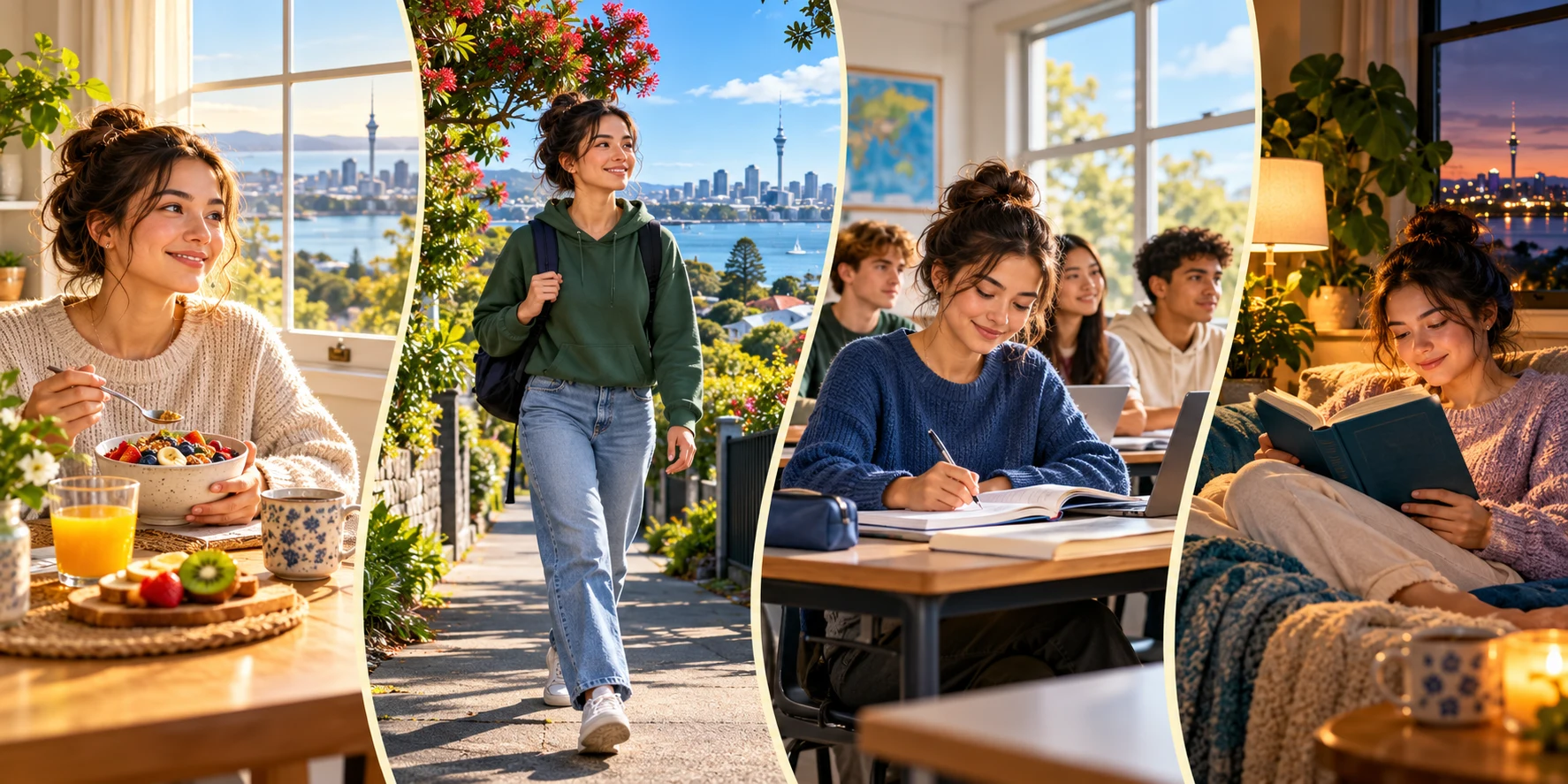 AI illustration of a student having breakfast, walking to school, studying and reading at home