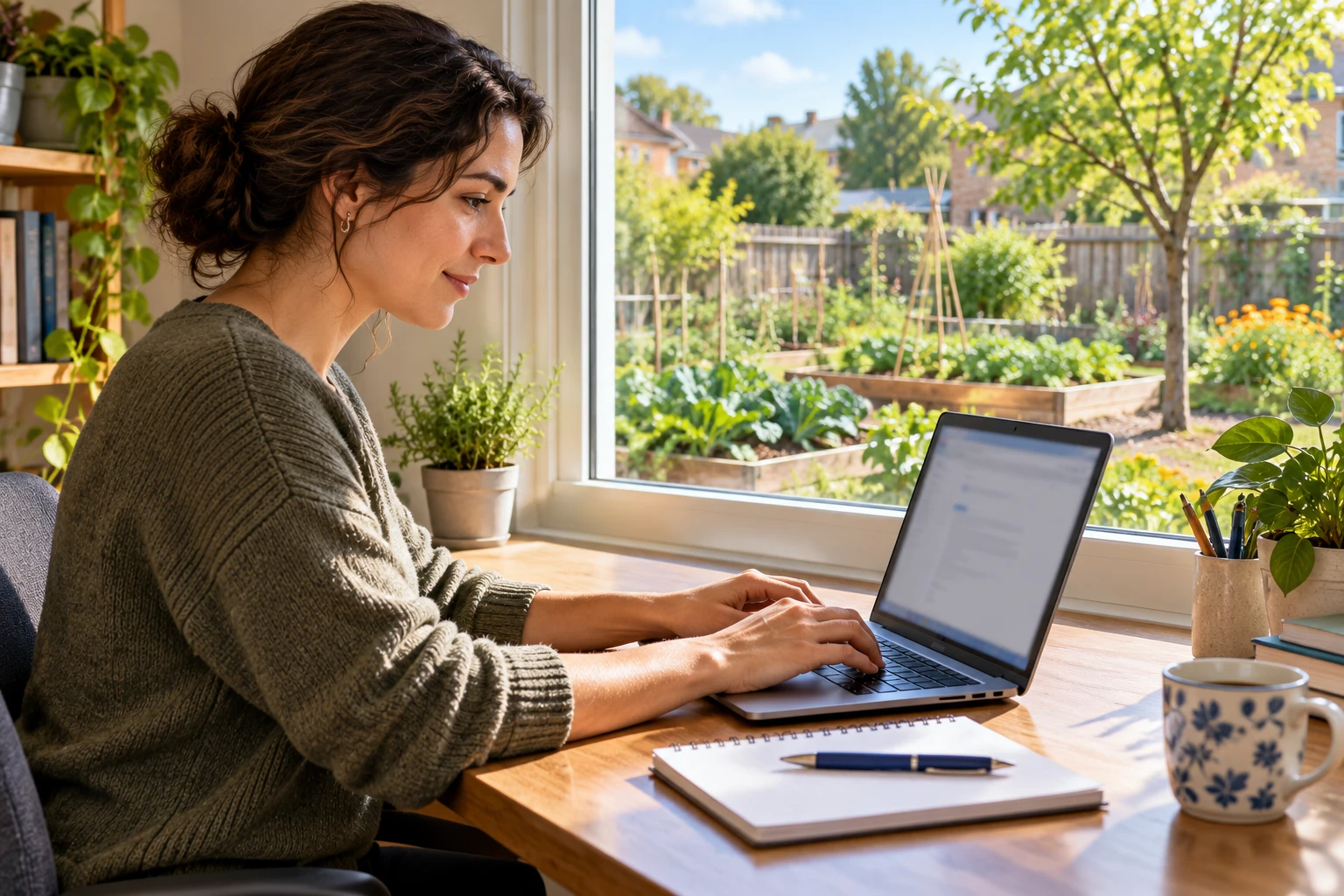 AI illustration of a learner typing an email with a community garden visible through a window