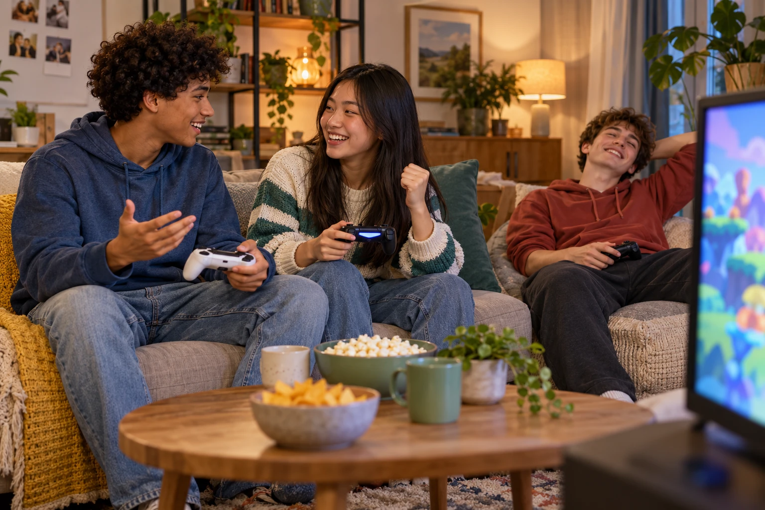 AI illustration of friends playing a cooperative game in a living room